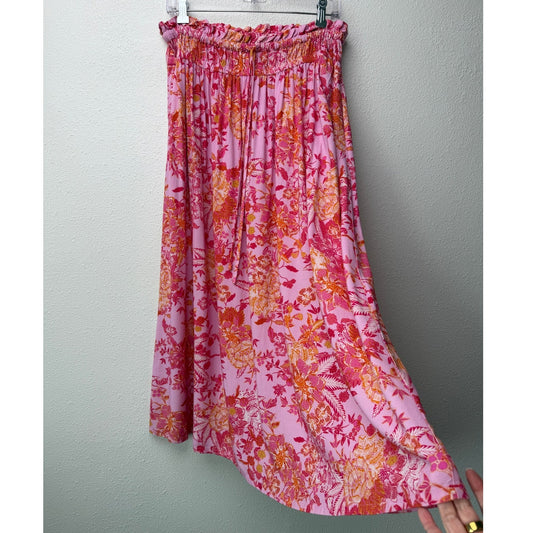 Xirena Pink Tropical Floral Ruched Tie Waist Midi Skirt M