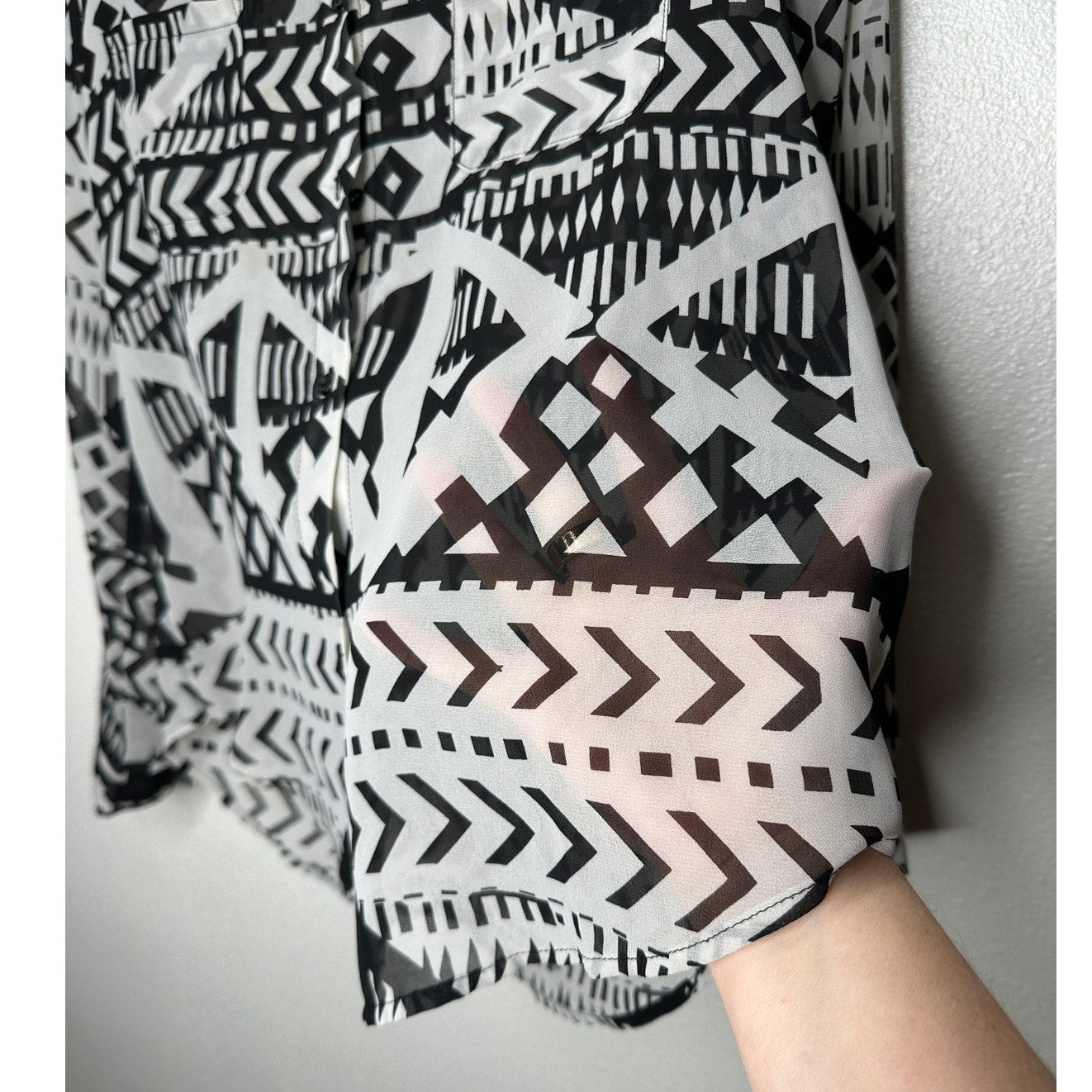 Eight Sixy Black & Gray Aztec Print Sheer Button Long Sleeve Blouse S