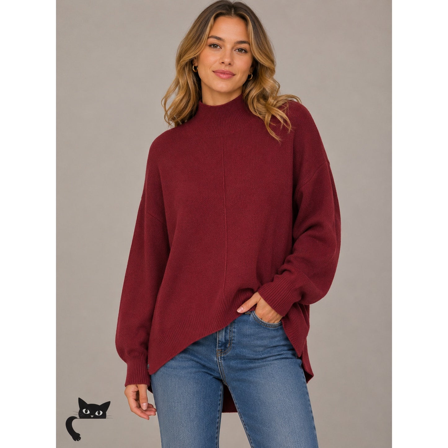 The Work Shop Burgundy Mock Neck Long Sleeve High Low Sweater S