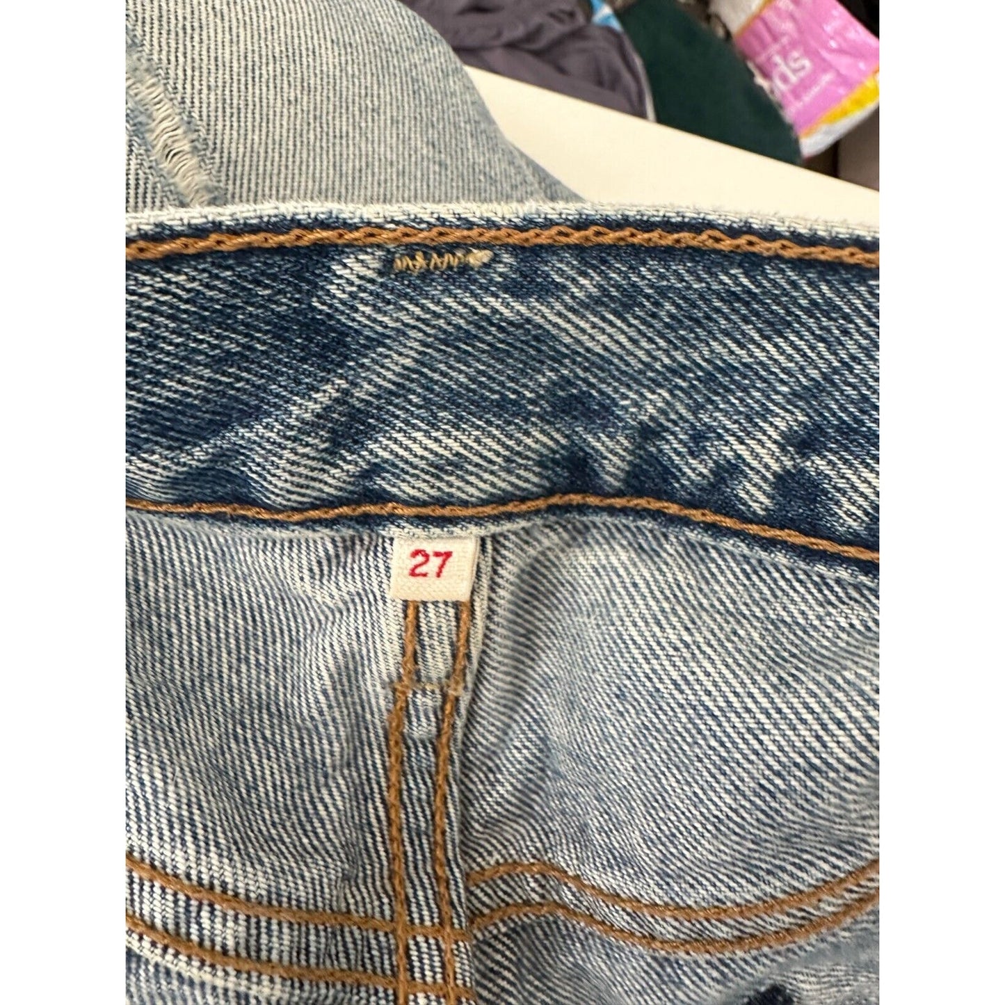 Levis White Oak Cone Denim Light Medium Wash Button Fly Distressed Slim Leg Jean