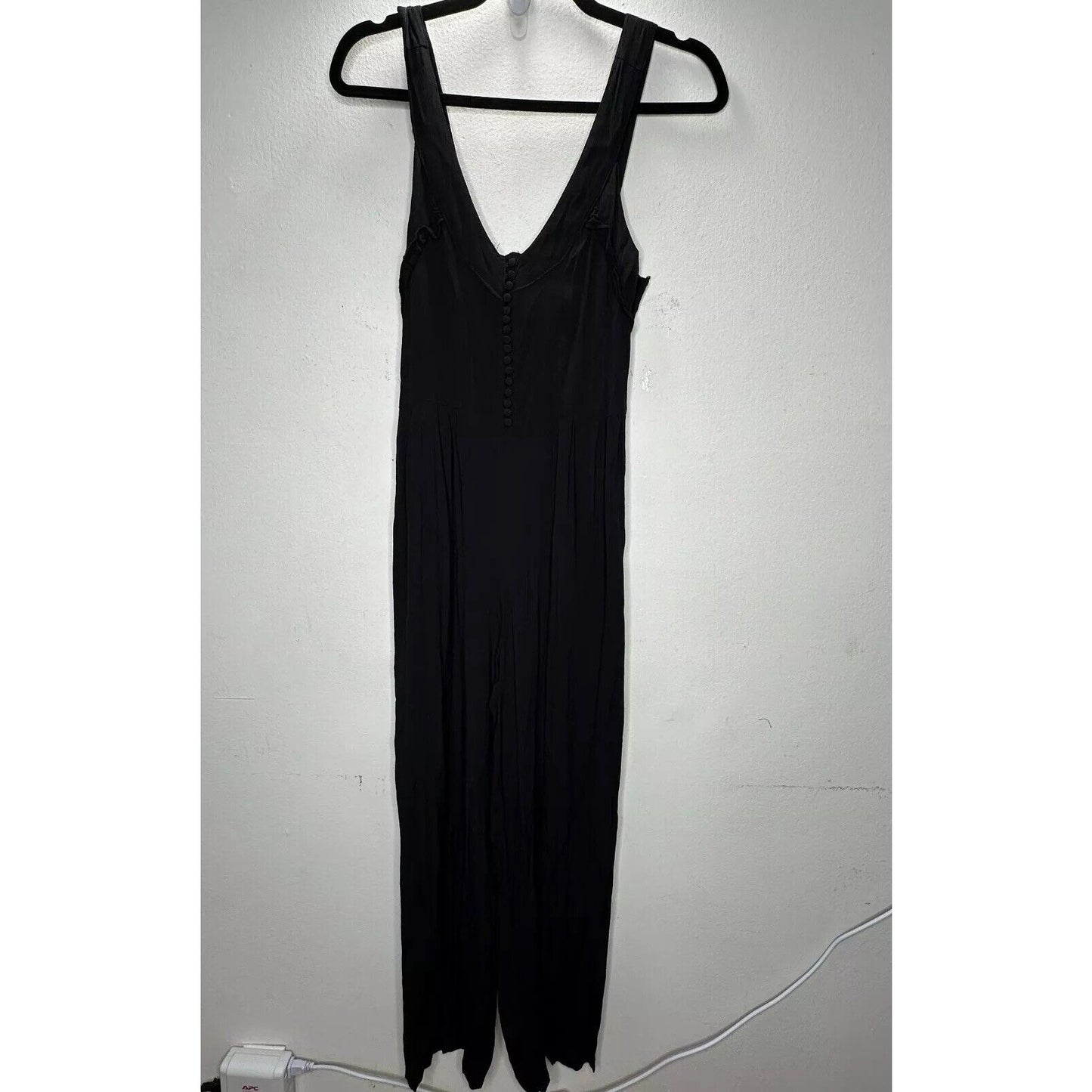 Taylor & Sage Black Semi-Sheer V Neck Button & Loop Front Wide Leg Jumpsuit S