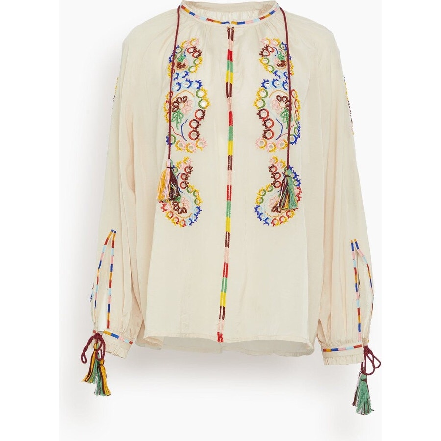 Fortela Ghodsi Tan Multicolor Beade Embroider Print Peasant Blouse 40