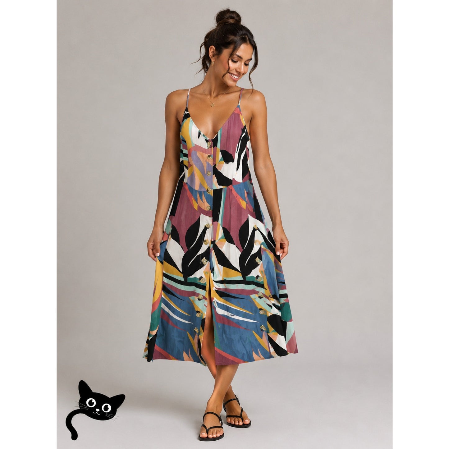 Rip Curl Black White Blue Abstract Tropical Print Button Front Swing Dress Boho M