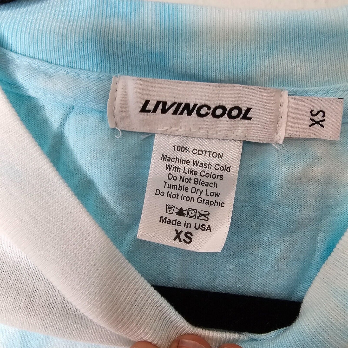 Livin Cool Pale Blue White Tie Dye Livin Cool Logo Short Sleeve Crop Tee XS