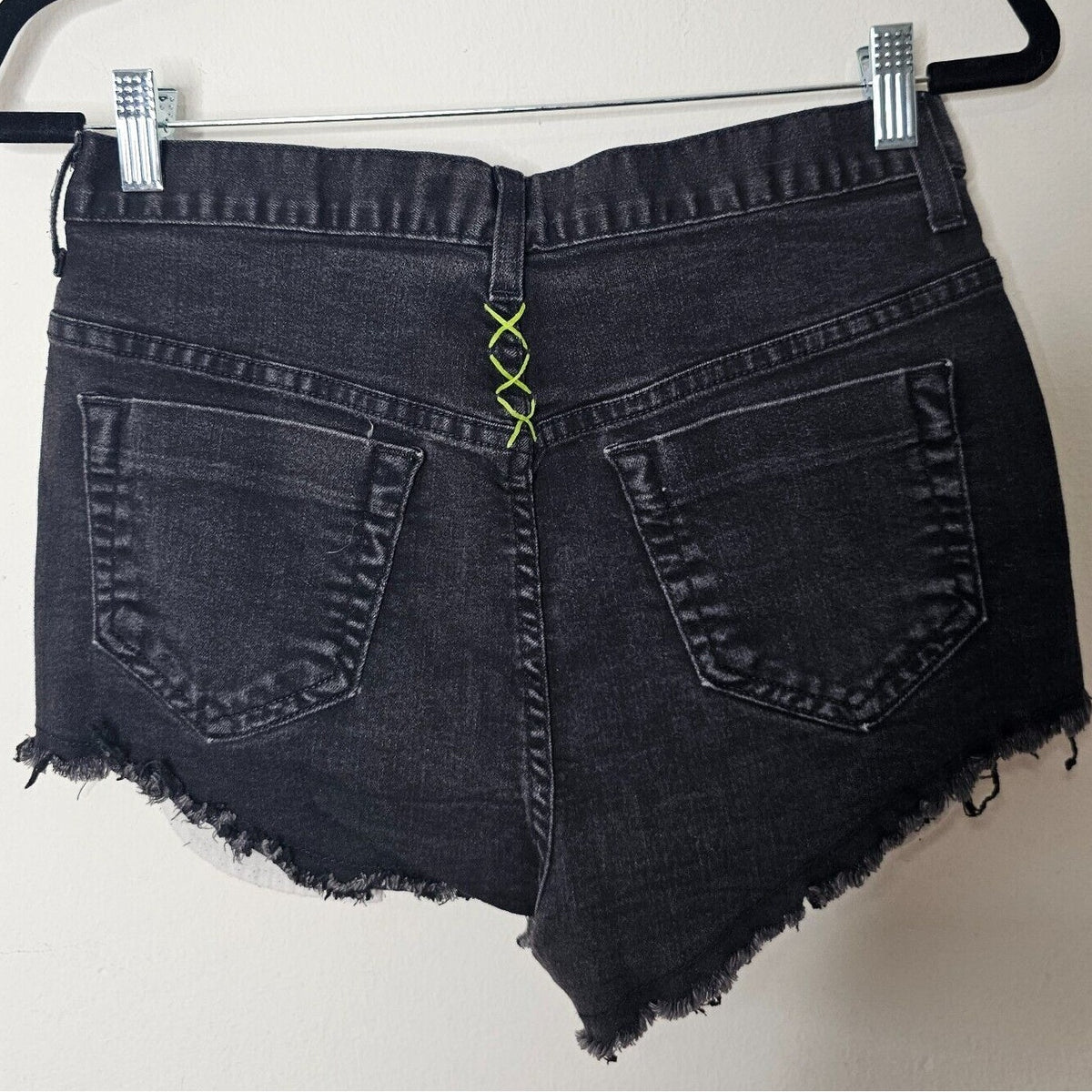 Vans Jesse Jo Black Distressed Raw Hem High Waist Short Lime-Green Side Stitch 9