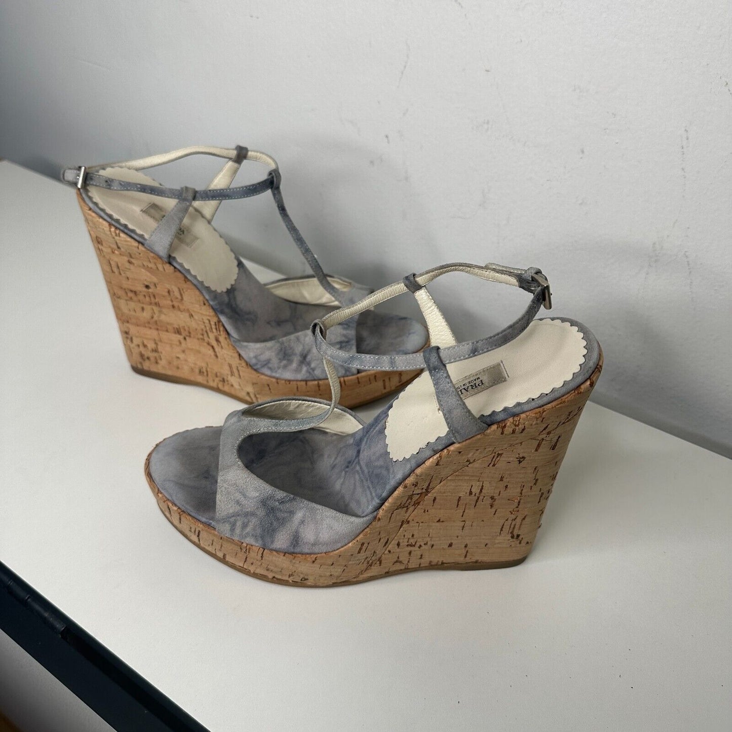 Prada Tie Dye Light Blue Suede Tan Cork Wedge Sandals Ankle Espadrilles 38