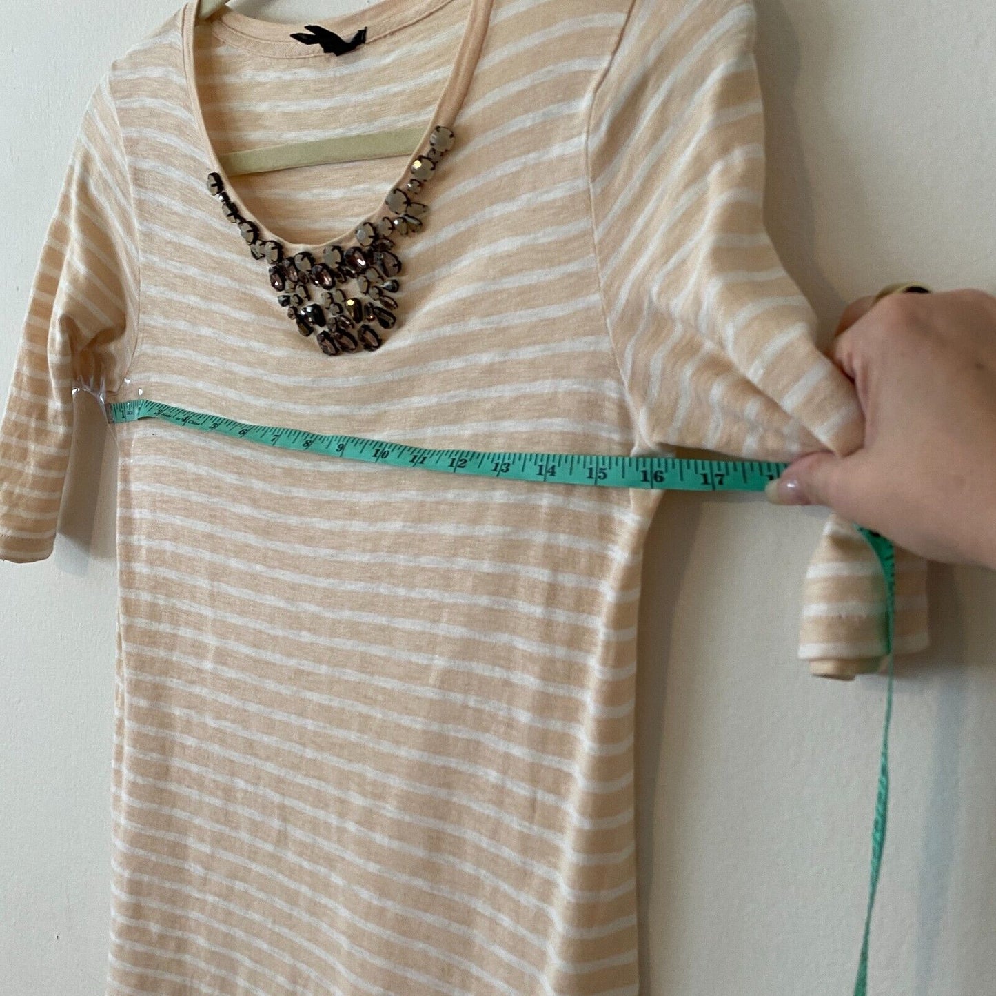 J Crew Jeweled Gem Stone Round Neck Peach and White Striped Painter Tee XS