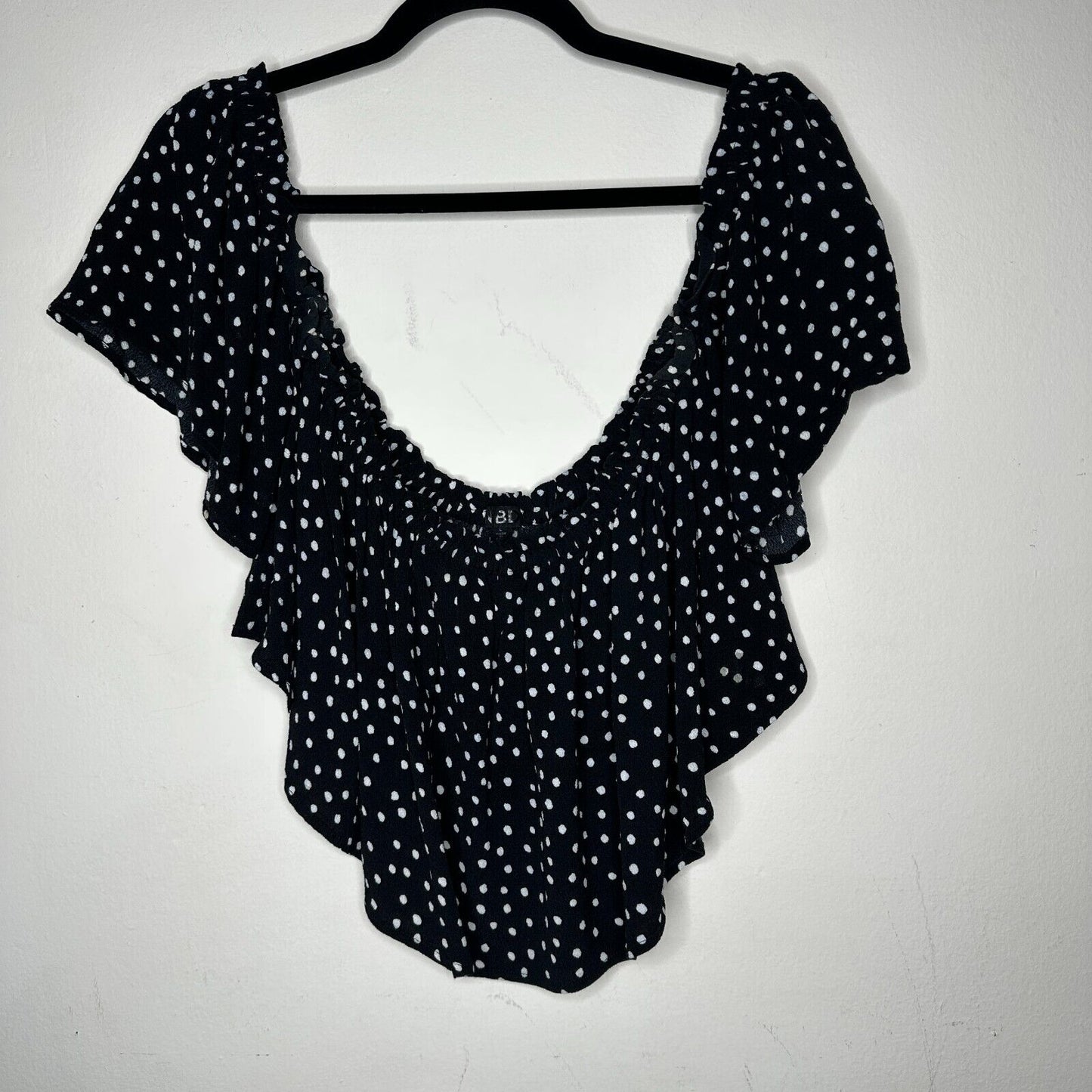 Revolve NBD Cute Black & White Polka Dot Off-Shoulder Ruffled Crop Top Blouse L