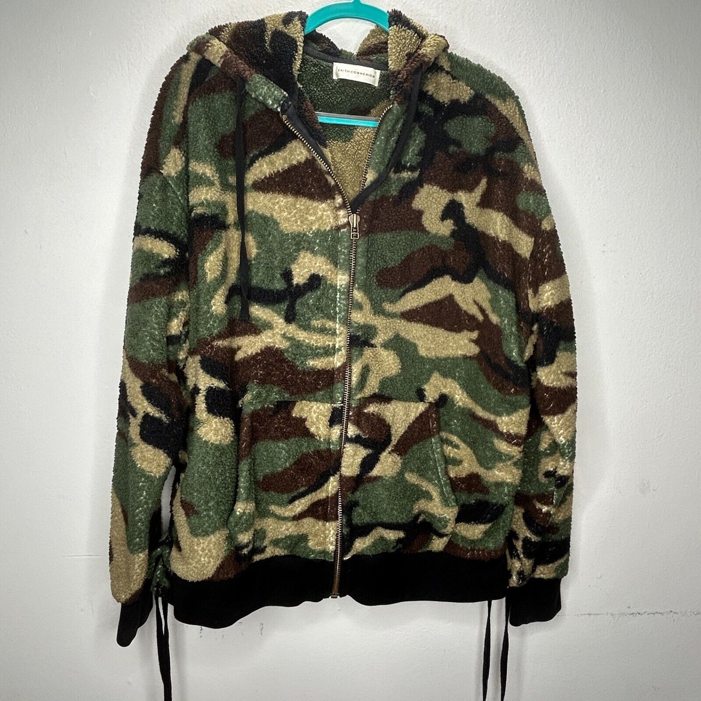 Faith Connexion Camo Sherpa Zip Hoodie Jacket Split Kangaroo Pocket Lace Side SM