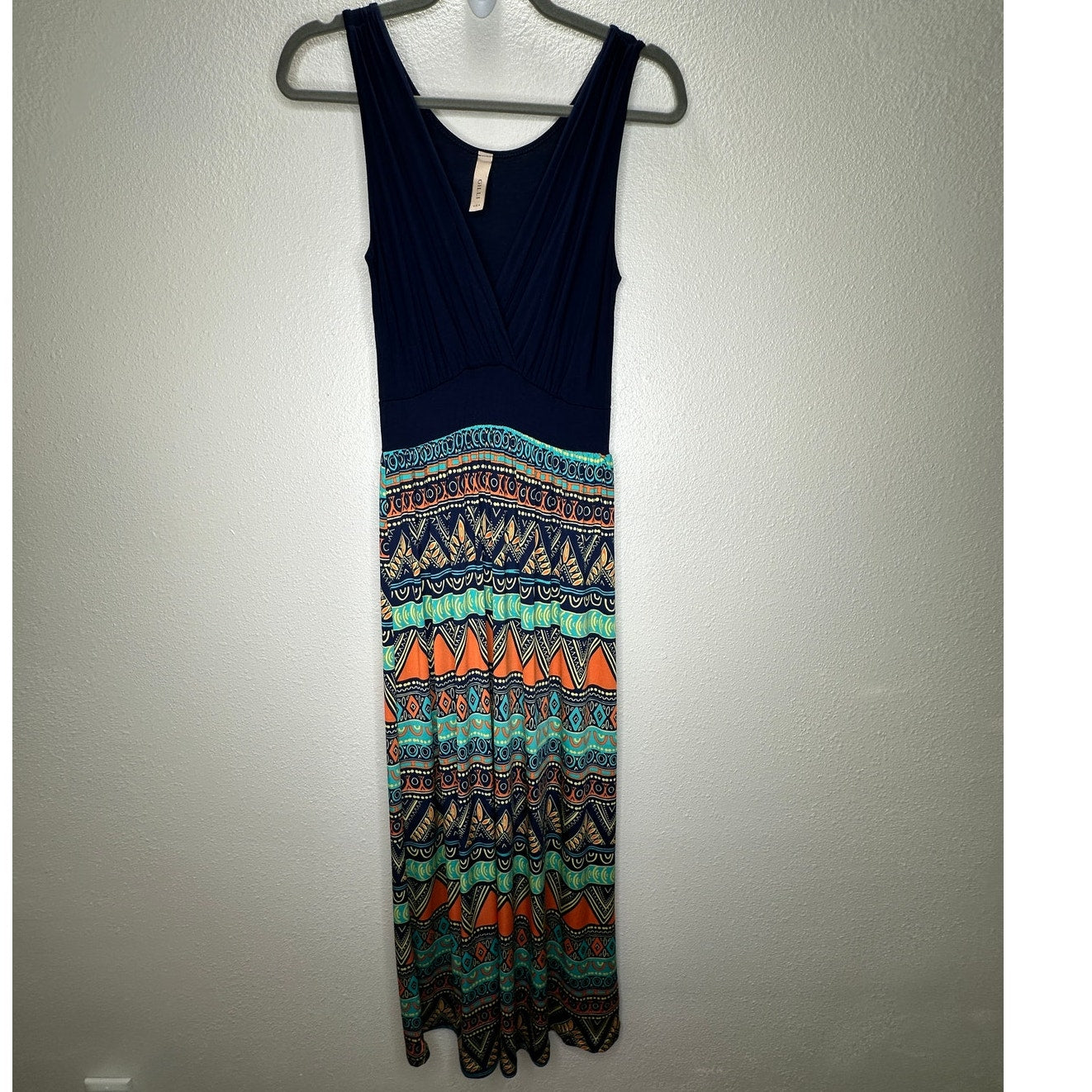 Gilli Navy Blue Teal Orange Multi Print Faux Wrap V-Neck Sleeveless Maxi Dress M