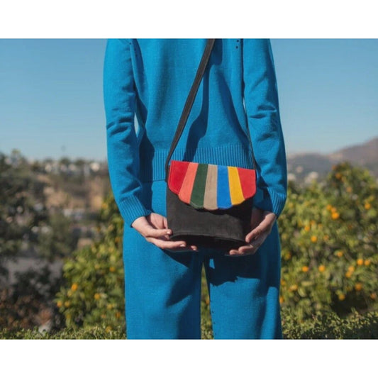 Cab Blanche Shell Canteen Black Suede Rainbow Clamshell Fold Crossbody Purse