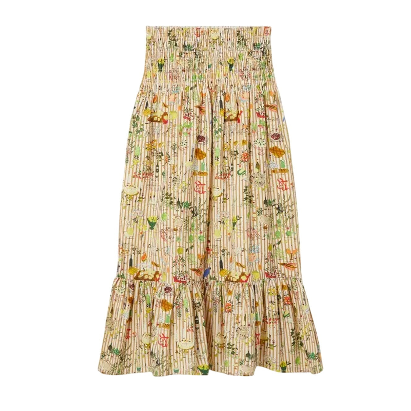 Rhode Artie Shirred Waist Ruffle Hem Printed Cotton Poplin Midi Skirt XL