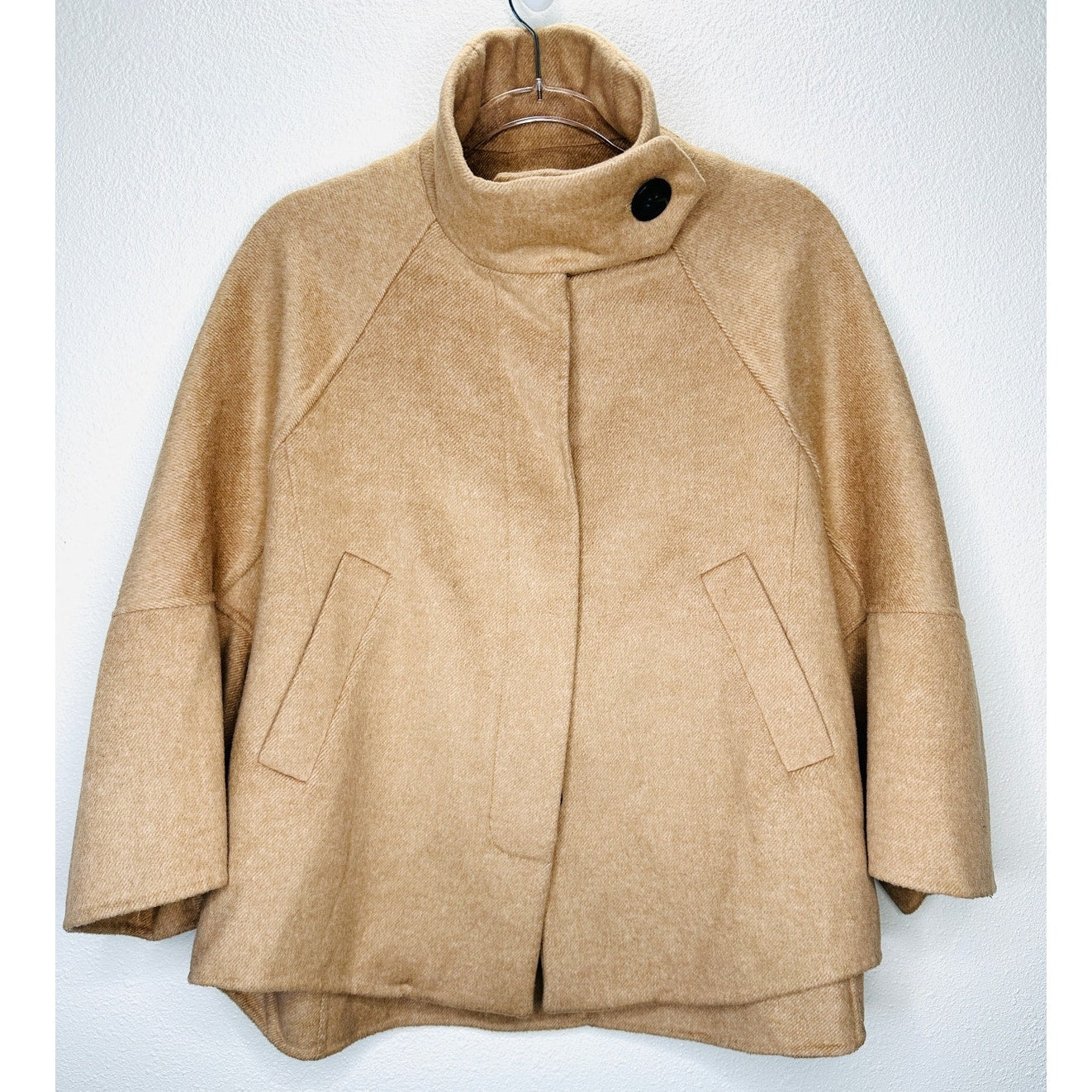 Zara Tan Fuzzy 3/4 Sleeve High Low Front Button Jacket Small