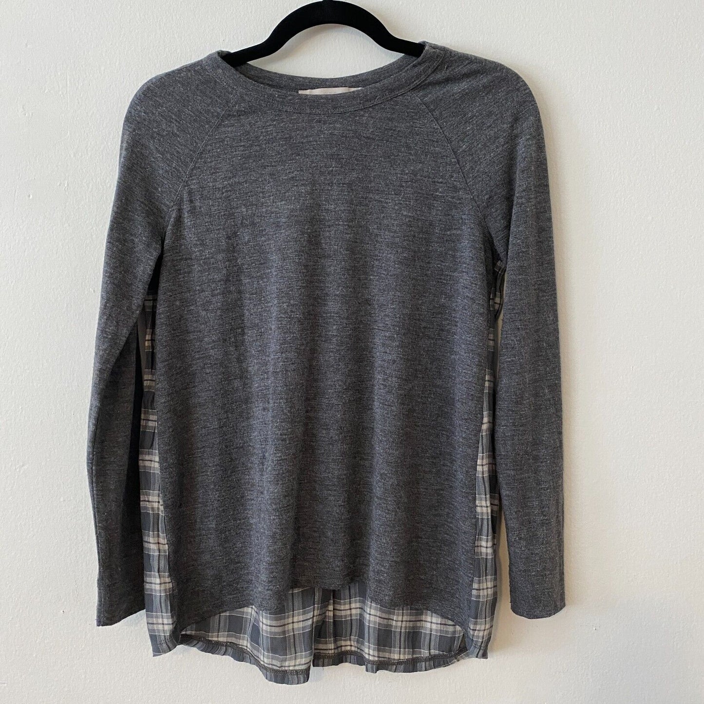 Ann Taylor Loft High Low Medium Gray Top Gray Blue & Cream Plaid Button Down XSP