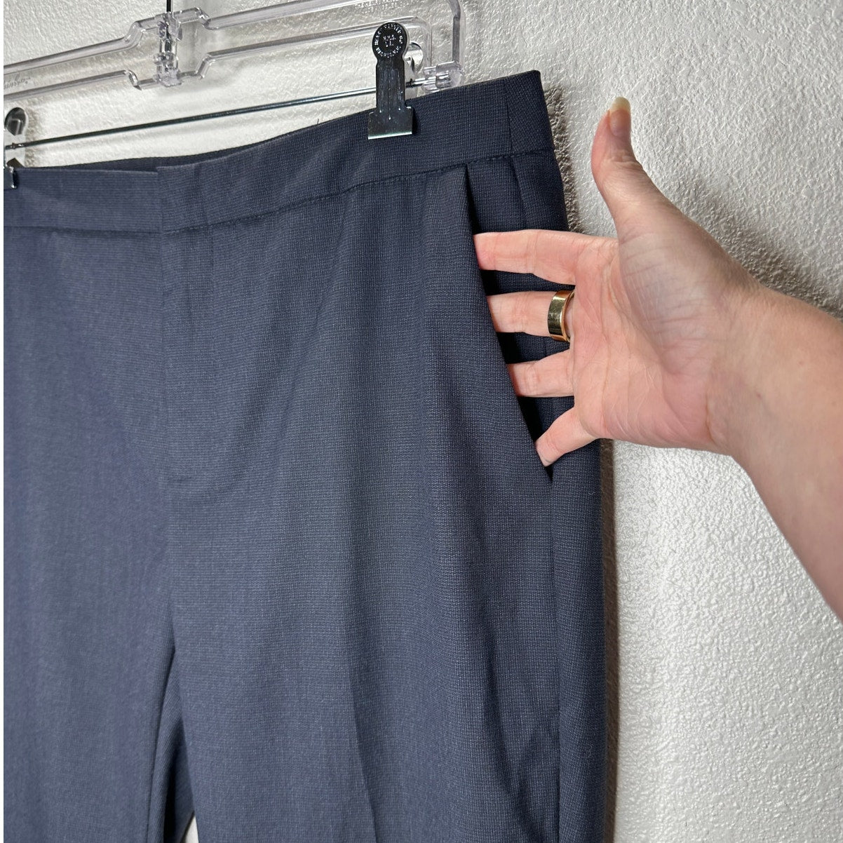 Zara Navy Blue Micro Tweed Straight Leg Cuffed Trouser Pant 6