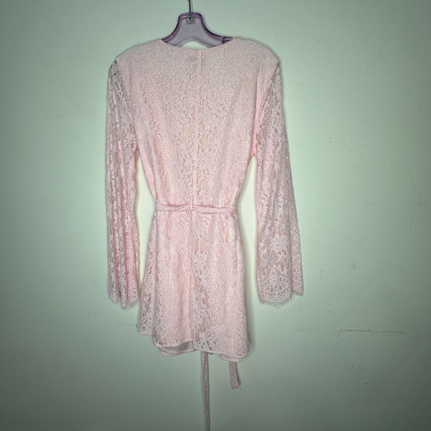 Marjorelle Pale Pink Lace Long Sleeve Tie Waist Kimono Wrap Mini Dress Robe M