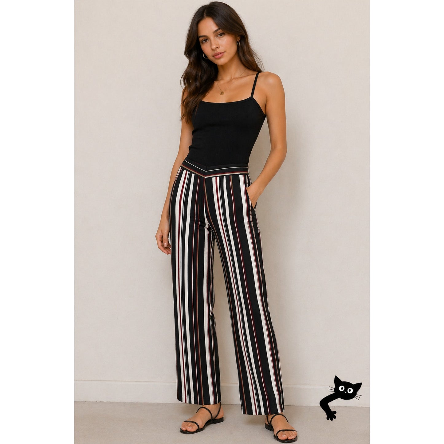 About Us Lenny Black Red White Stripe Pants Flare Trousers Back Zip Pockets L