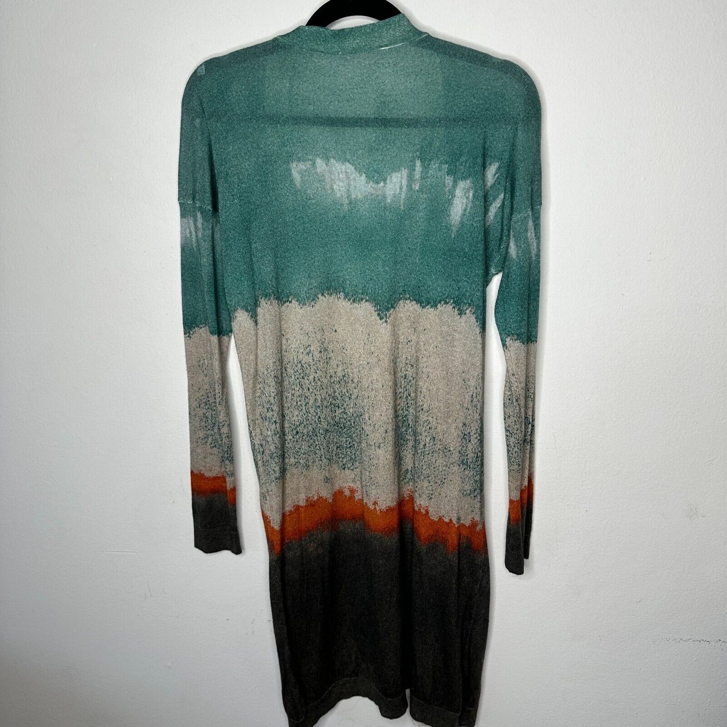 Printed Artworks Cashmere Silk Teal Tan Brown Orange Stripe Long Cardigan Small
