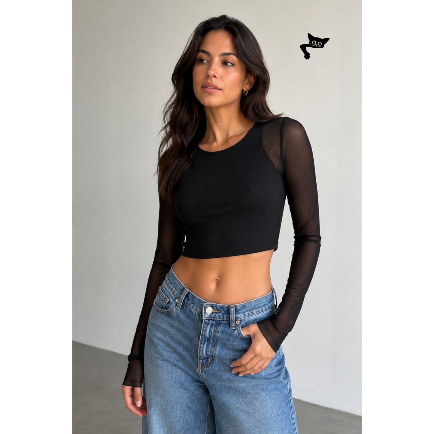 Forever 21 Black Mesh Long Sleeve Open Back Crop Top Size S