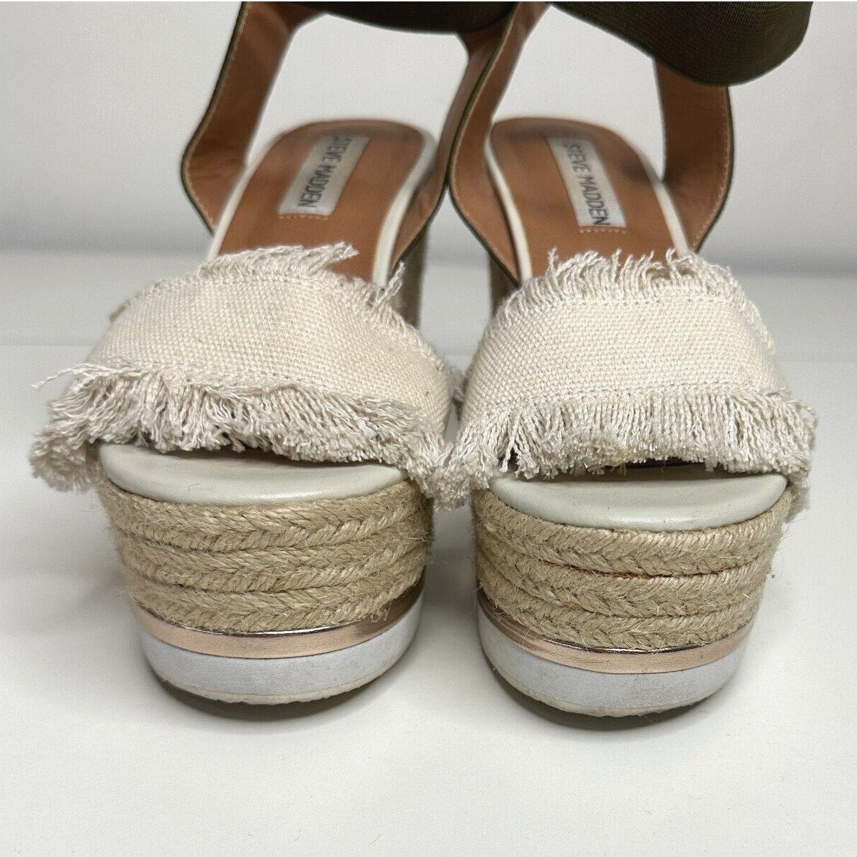 Steve Madden Venus Wedge Beige Fringed Canvas Green Ankle Espadrille Wedges 5.5