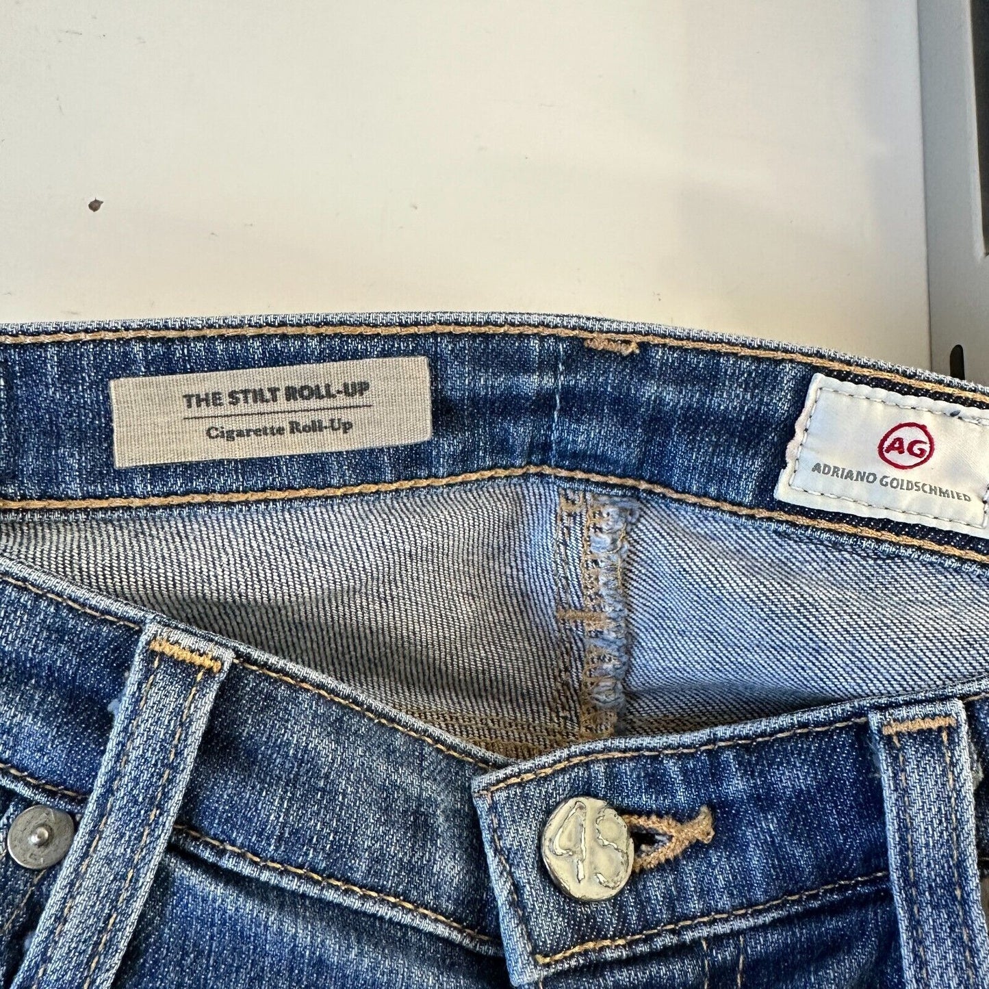 Revolve AG Flyaway The Stilt Cigarette Roll-Up Medium Wash Distressed Jean 27