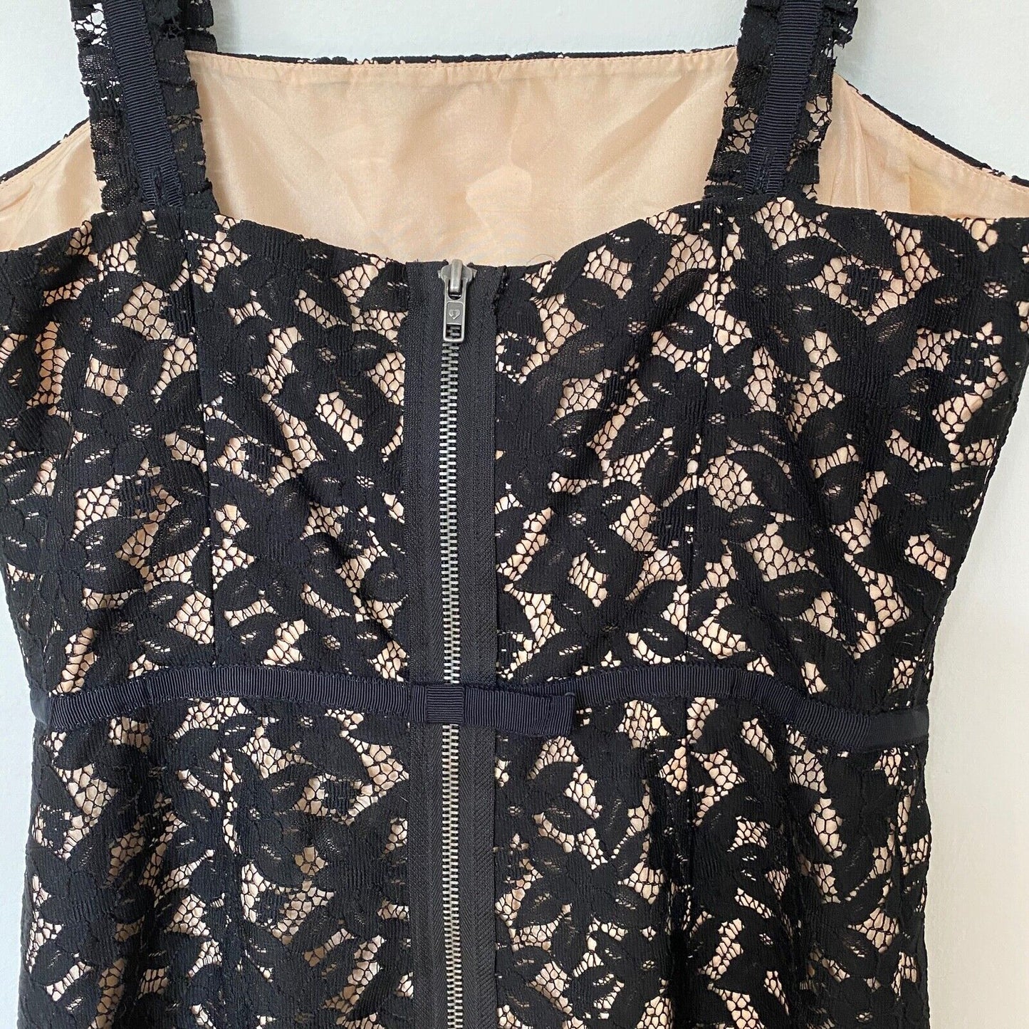 Juicy Couture Black Lace Tan Satin Lined Spaghetti Strap Zip Sheath Dress 4