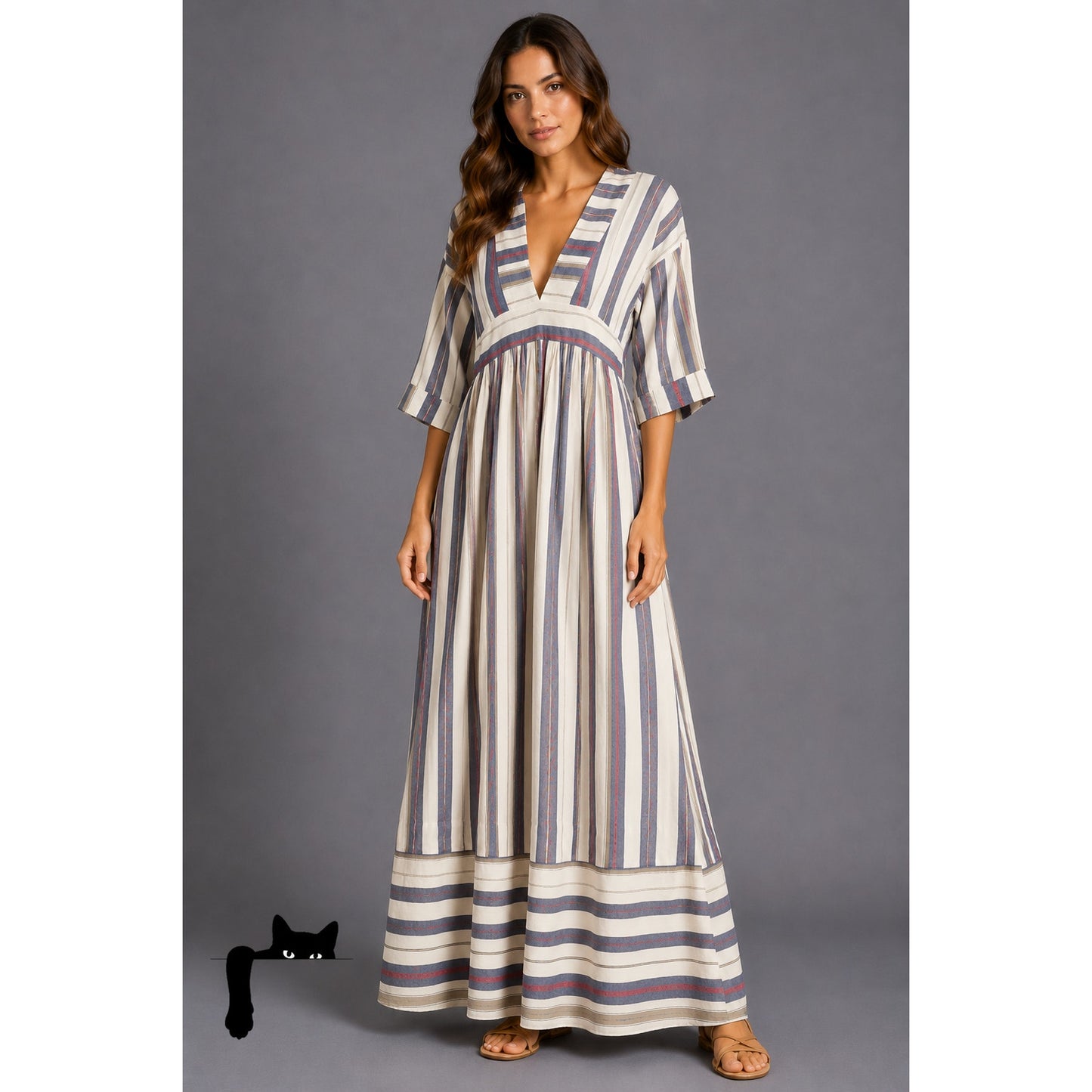Three Graces London Ferrer Tan Blue Red Stripe Short Cuff Sleeve V-Neck Dress 10