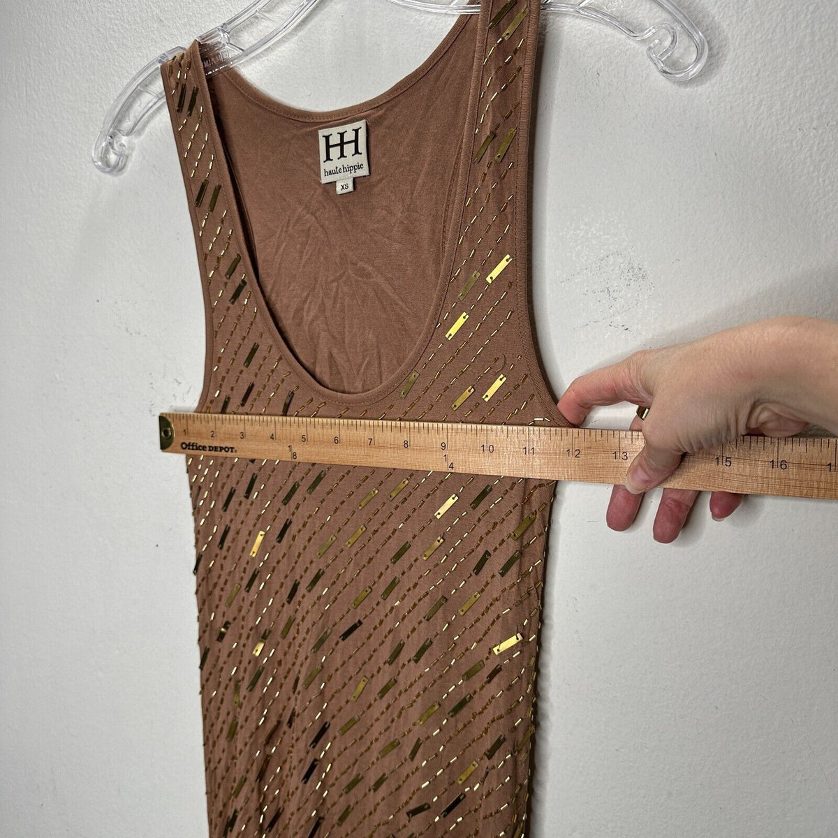 Haute Hippie Chocolate Brown Tank Mini Dress Side Ruche Gold & Beaded Adornment