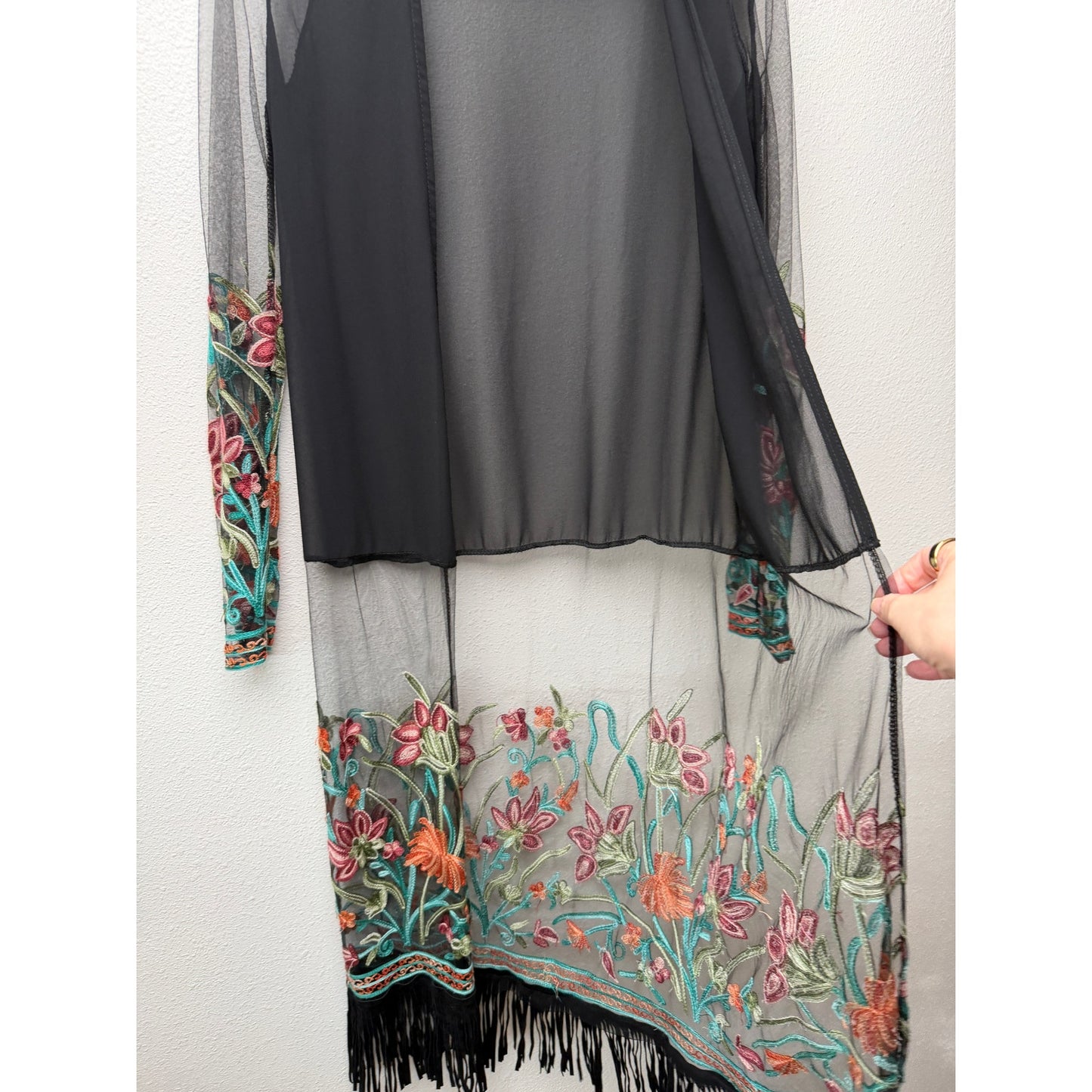 Sheer Floral Embroidered Fringe Kimono Duster Black Women’s M