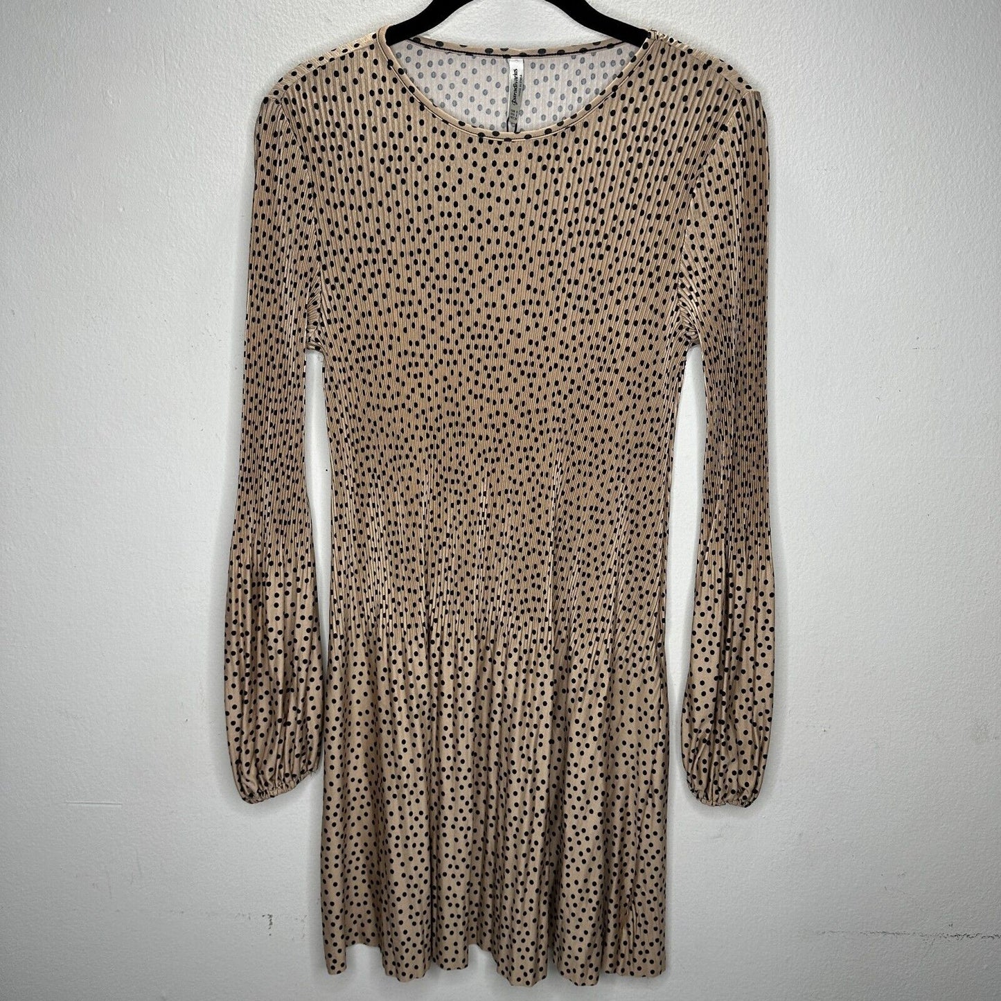 Stradivarius Beige Black Polka Dot Mini Pleat Balloon Sleeve Round Neck Dress