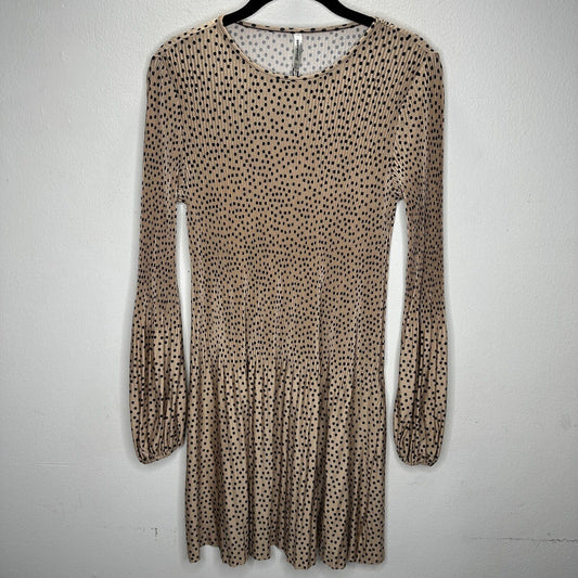 Stradivarius Beige Black Polka Dot Mini Pleat Balloon Sleeve Round Neck Dress