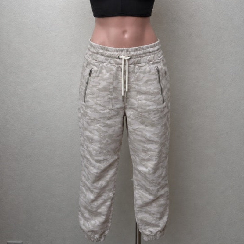 Athleta Cream & Tan Camo Cabo Print Tied Linen Jogger Pant Zip Front Pockets 4