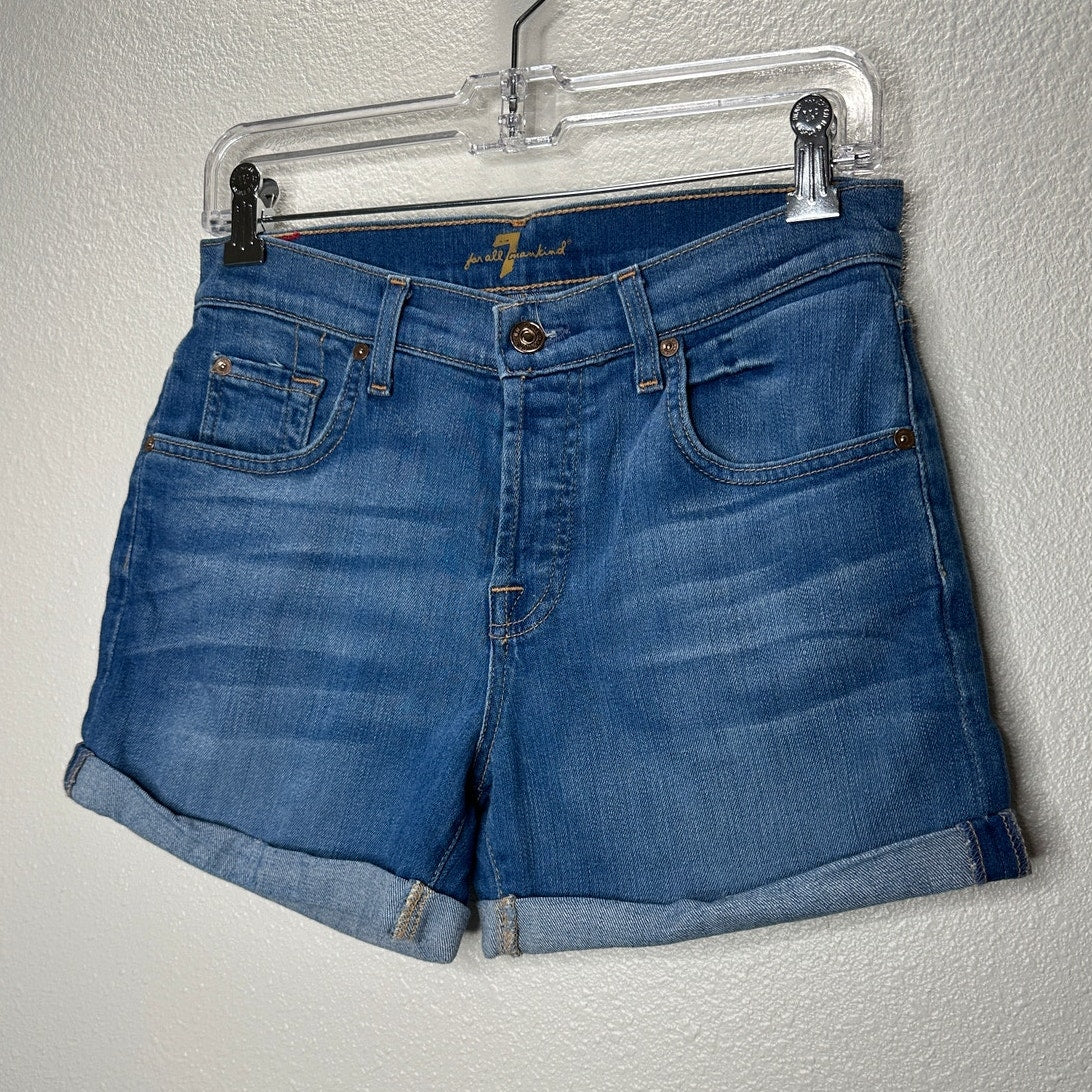 7 For All Mankind Medium Wash Mid Rise Button Fly Roll Up Cuff Jean Shorts 26