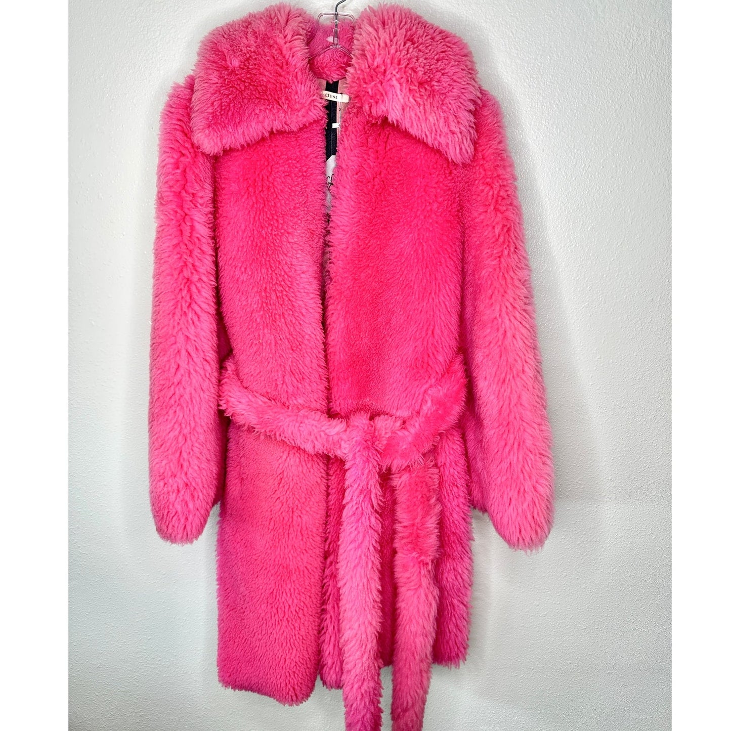 Celine Pink Shearling Belted Longline Coat Women’s Size 8