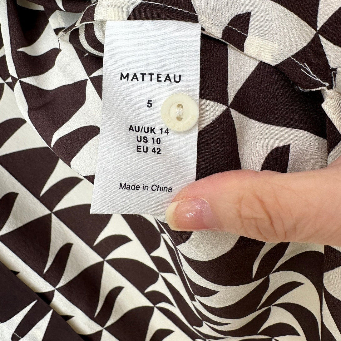 Matteau Cream Brown Geometric Silk Button Front Shirt US 10