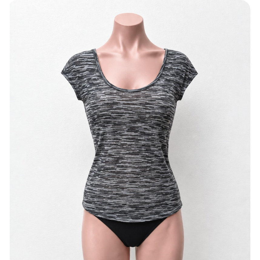 Athleta Well Loved Black and Gray Striped Burnout Deep Scoop Cap Sleeve Top Med