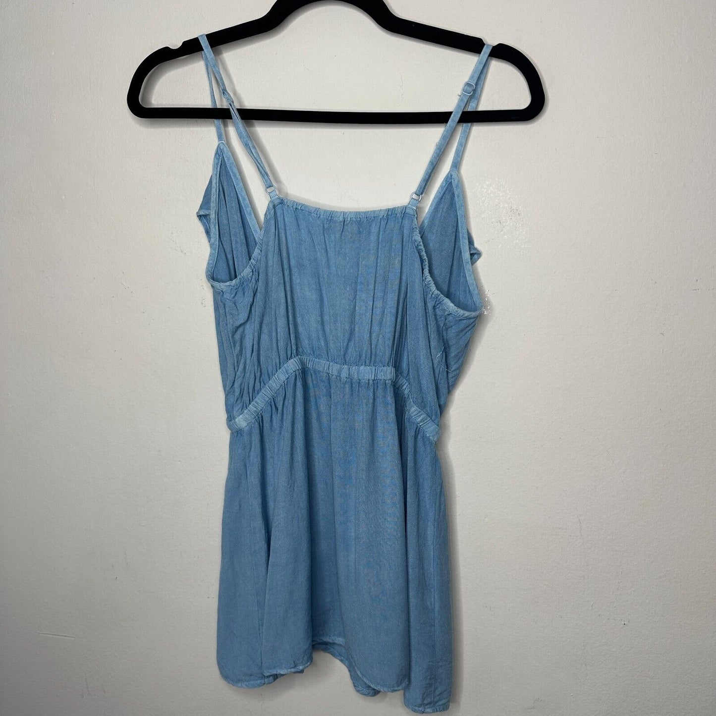 Light Denim Blue Rayon V-Neck Faux Wrap Ruffle Spaghetti Adj Strap Blouse Med