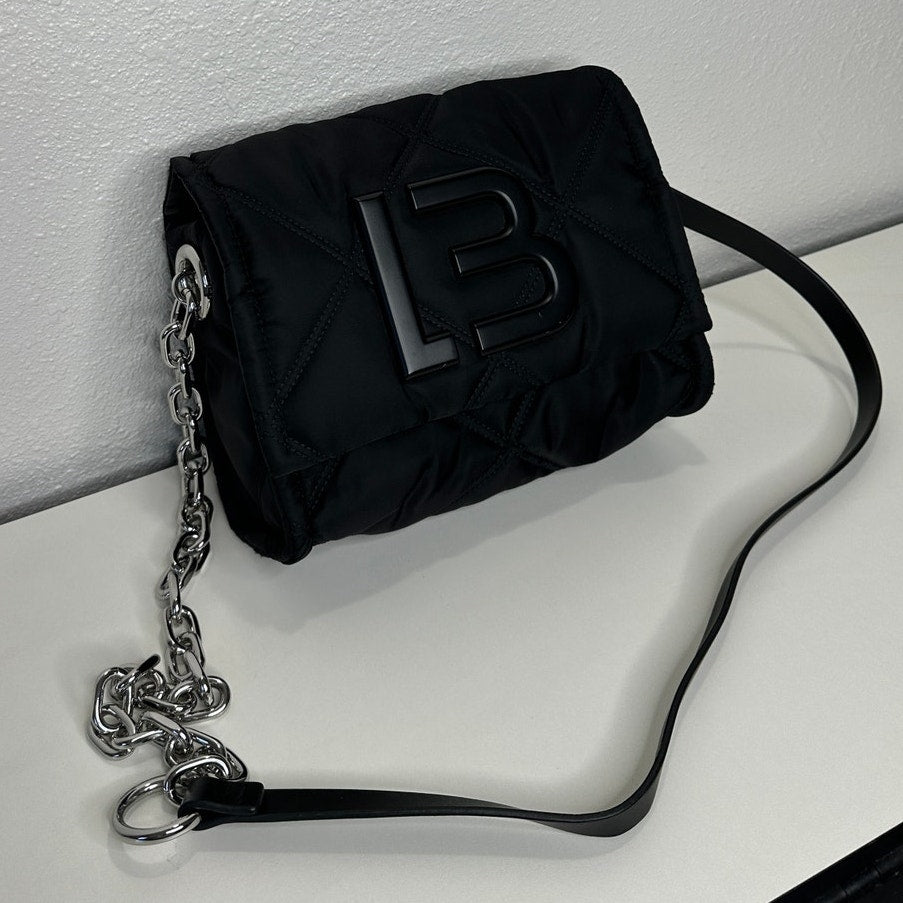 BYL Small Black Padded Nylon Crossbody Bag Leather & Chain Strap