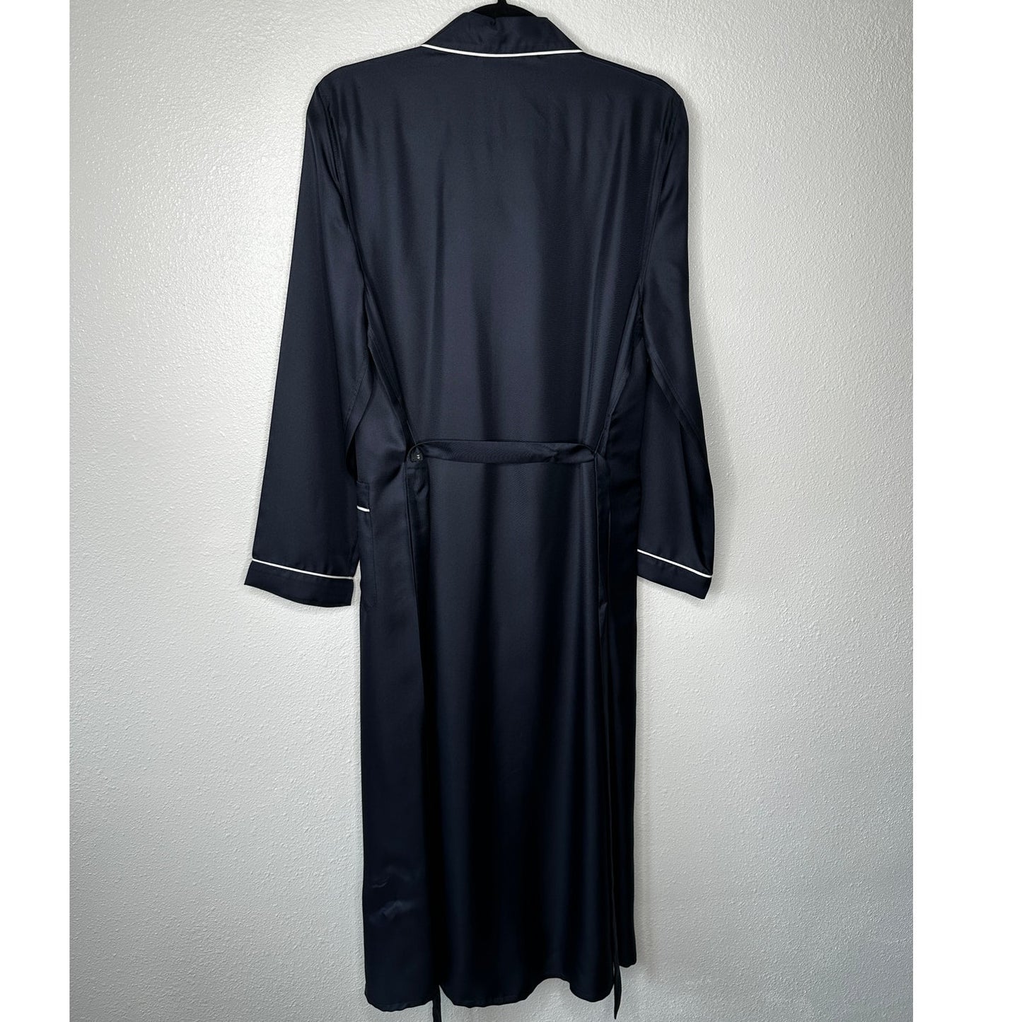 NWT Prada Bleu Black Twill White Trim Long Line Belted Robe Dress 44 / M