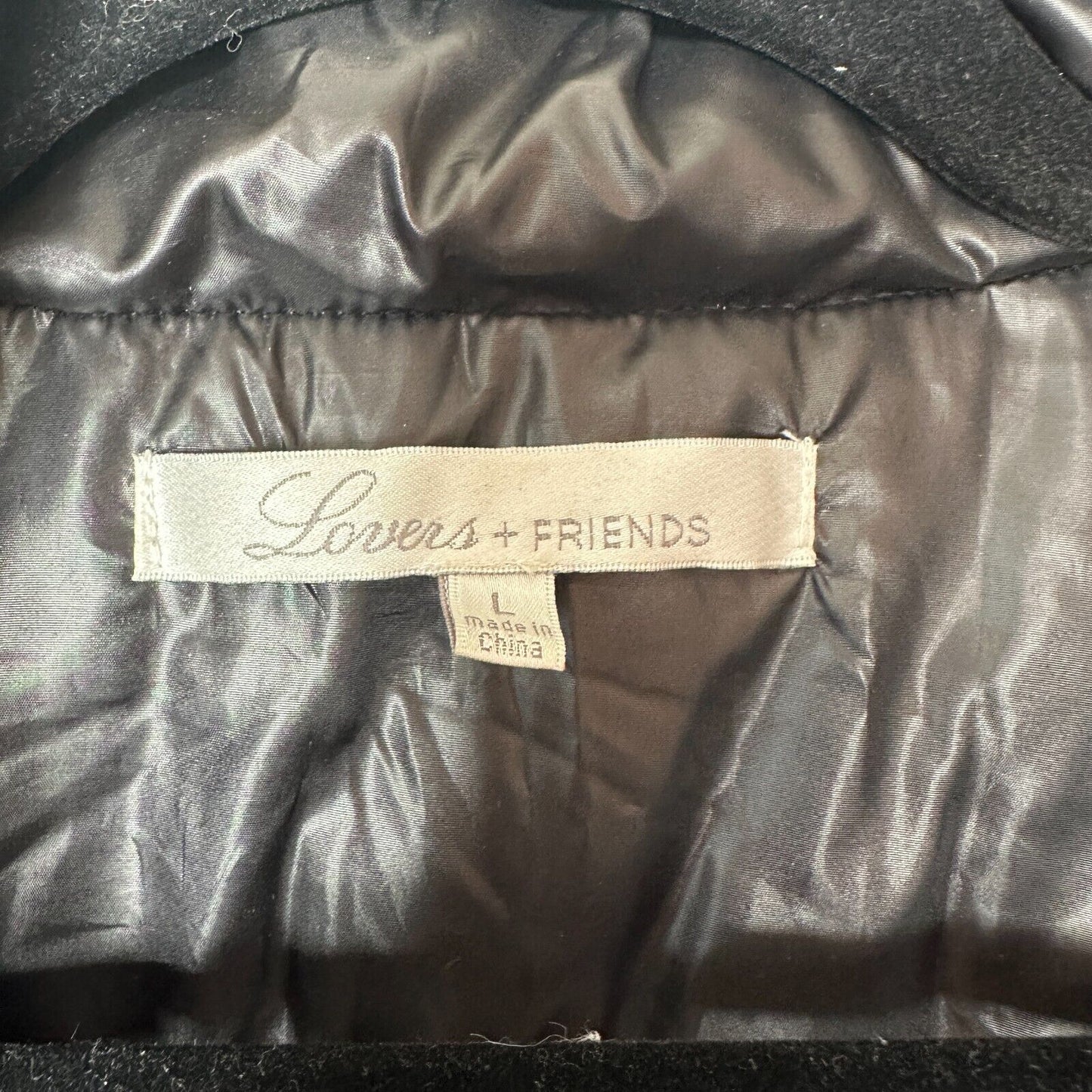 Revolve Lovers + Friends Black Satin Puffer Jacket Banded Hem & Cuff Zip L
