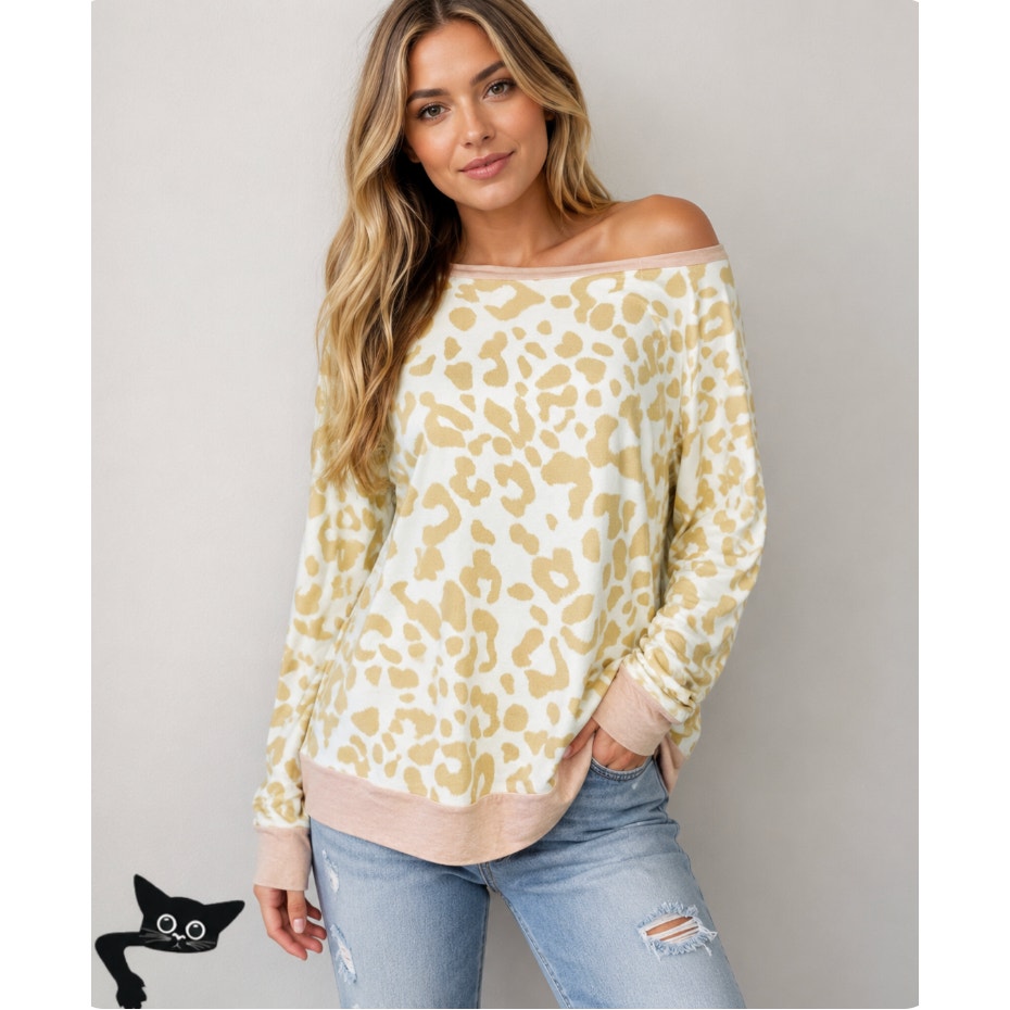 Bibi Cream & Tan Giraffe Print Wide Neck Long Sleeve Sweater S Y2k