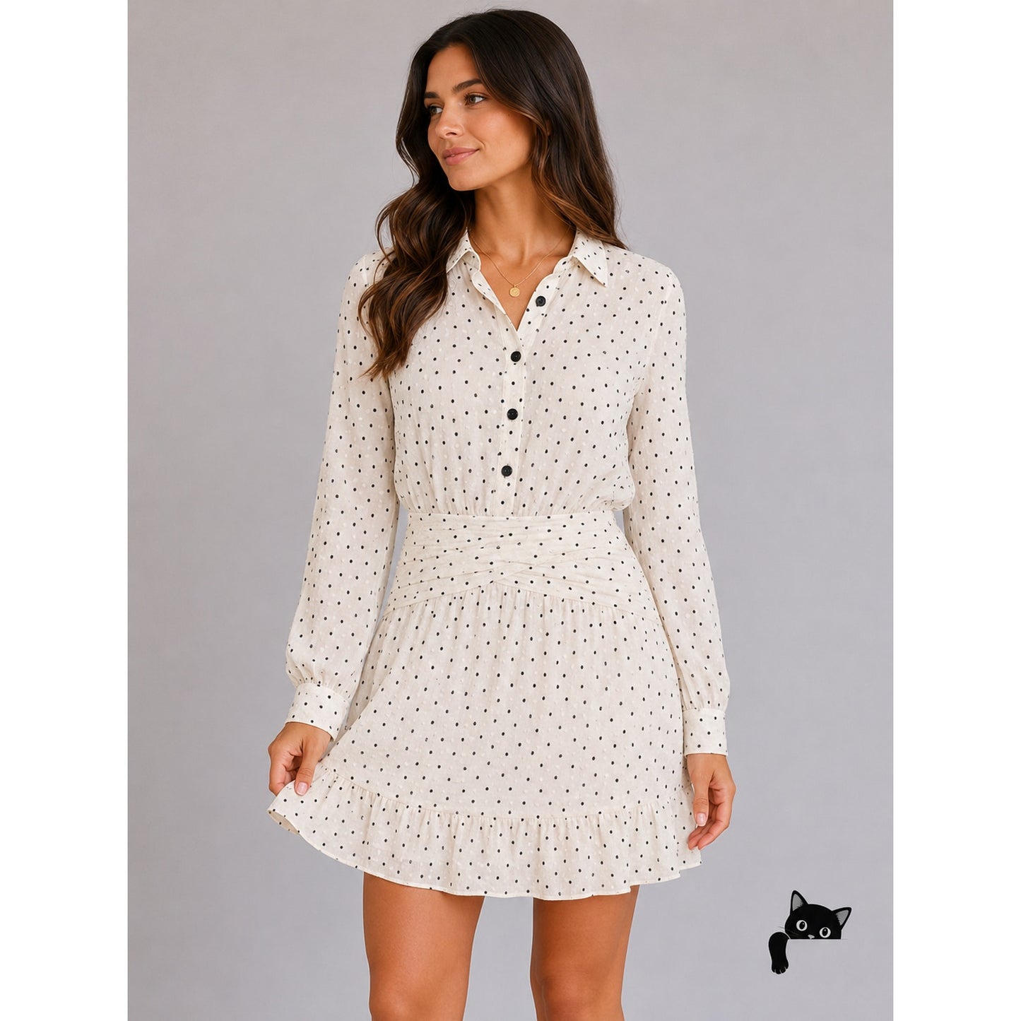 Zara Cream Black Dotted Swiss Long Sleeve 1/2 Button Collared Ruffle Hem Dress