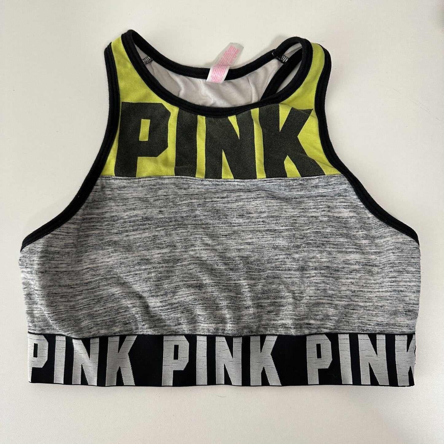 Victoria Secret Pink Gray White Yellow Black Logo Racerback Sports Bra S