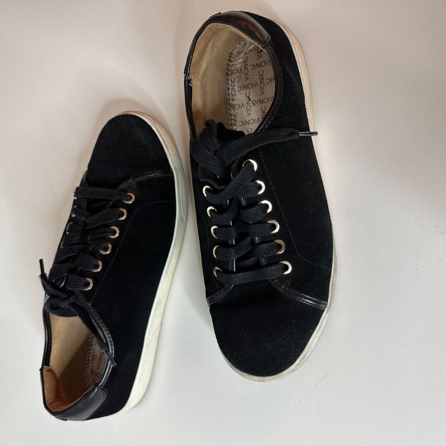 Vionic Sunny Brinley Black Suede Laceup White Trim Round Toe Walking Shoes 8.5