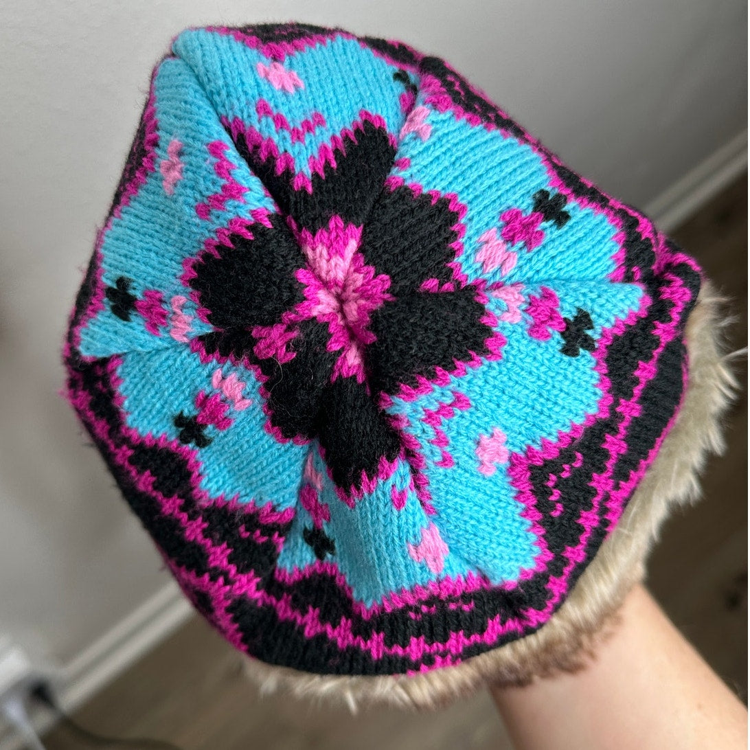 Billabong Pink Black Blue Knit with Faux Fur Trapper Hat OS