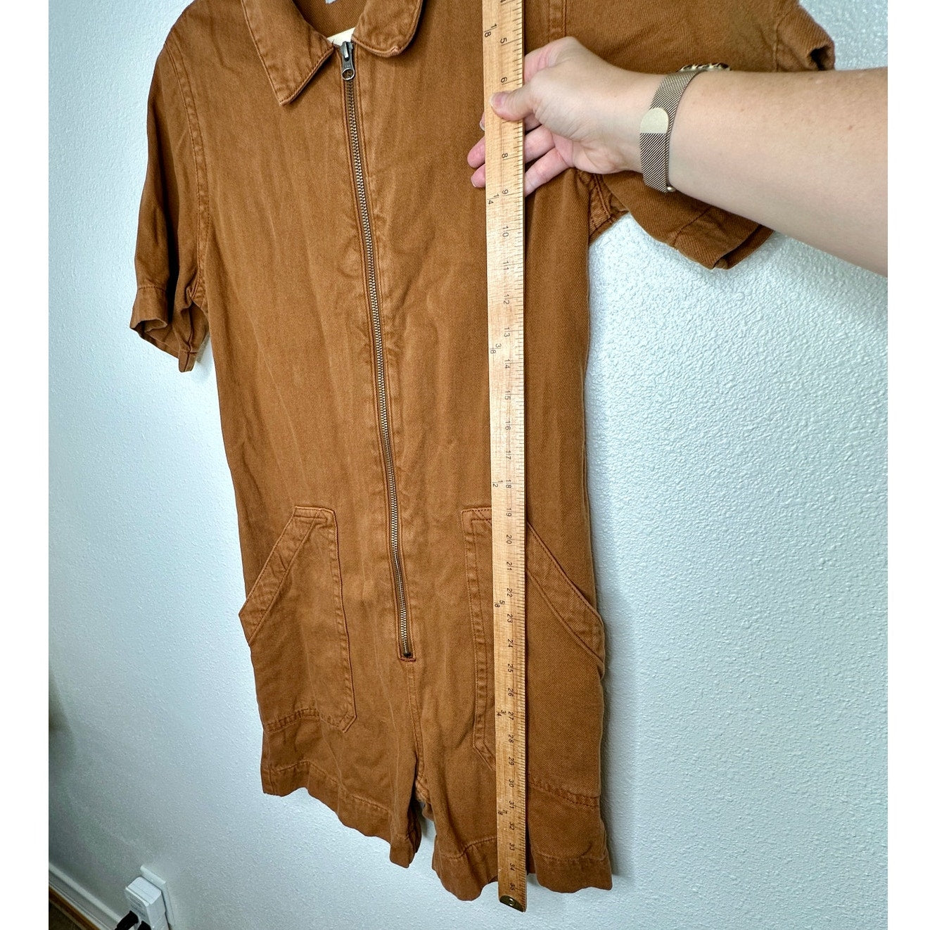 Everlane The Denim Short Coverall Organic Cotton Brown Rust Romper 6