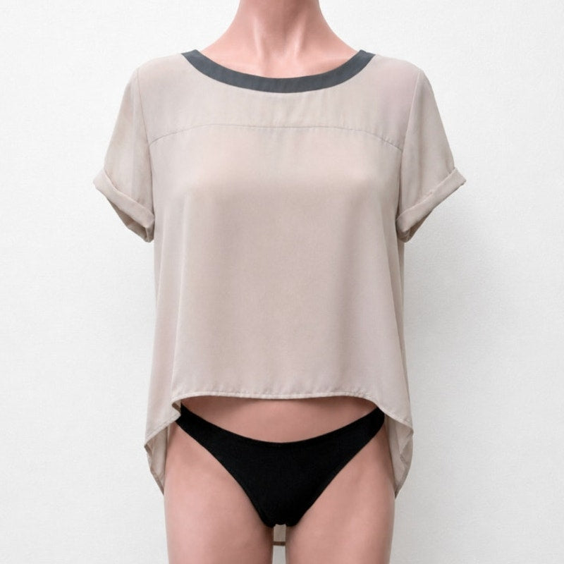 Loft Pinky Beige & Gray Collar Top Gathered Back Detail Cuffed Short Sleeves XSP