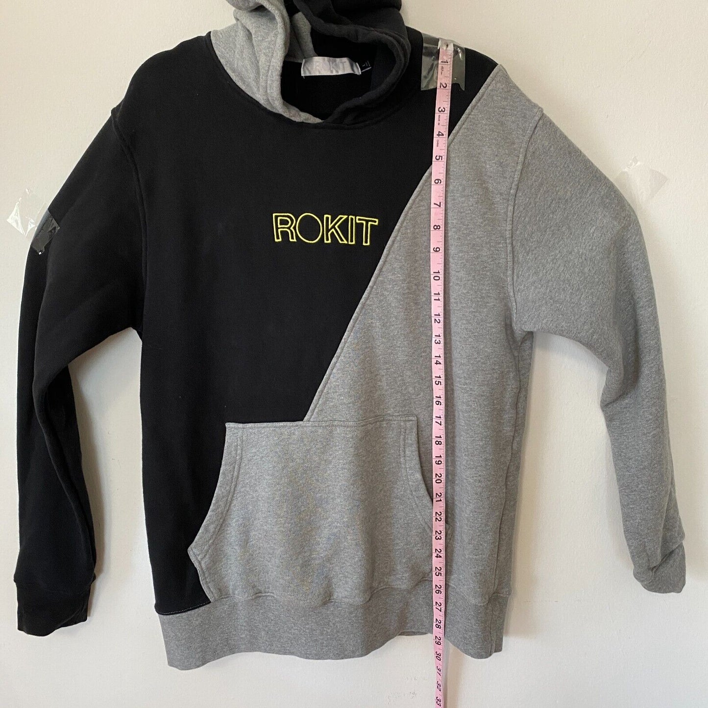 Rokit Split Cotton French Terry Hoodie Black Gray & Yellow Logo Sweatshirt L