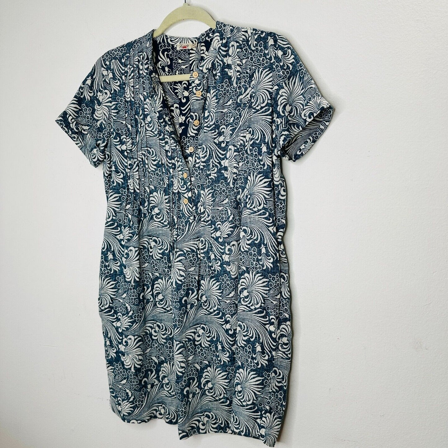 Faherty Cream & Blue Hawaiian Print Gemina Tunic Dress Split VNeck Short Sleeve