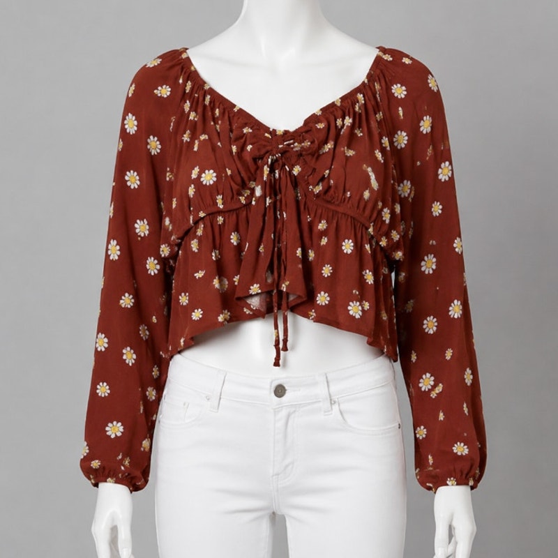 PACSUN Rust Brown with Floral White Yellow Off Shoulder Crop Peasant Top Medium